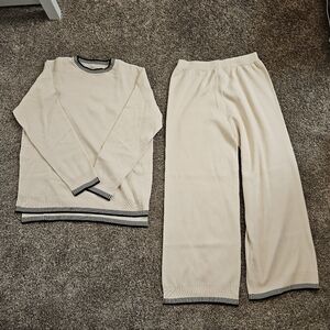 Cream Loungewear Set with Striped Trim